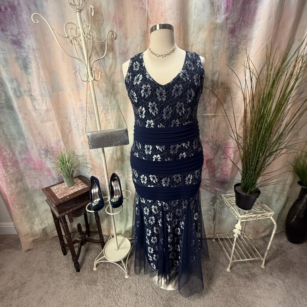 πCandalite Lace Fit & Flare Navy Blue/ Silver Formal - Party - Cruise Dress